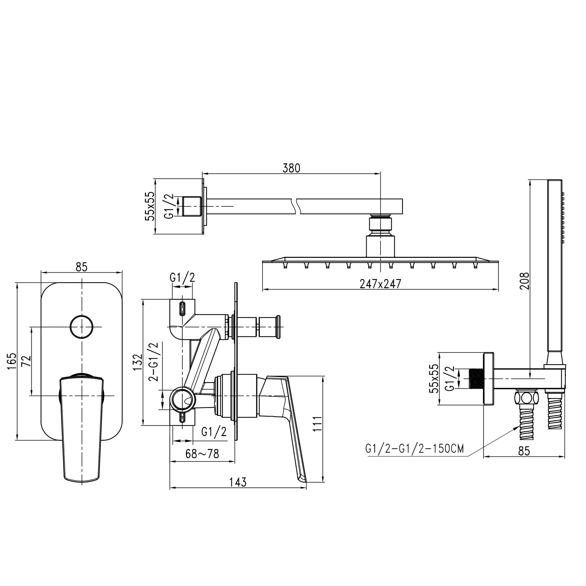 Душова система вбудована TOPAZ LEXI TLG 21205-H57-W 2