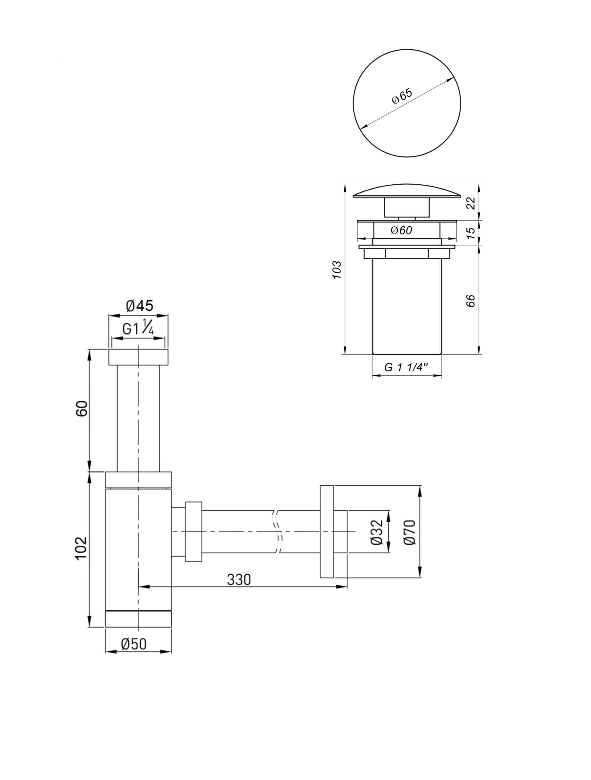 Сифон металевий з донним клапаном без переливу Globus Lux GS-32-105-03B 2