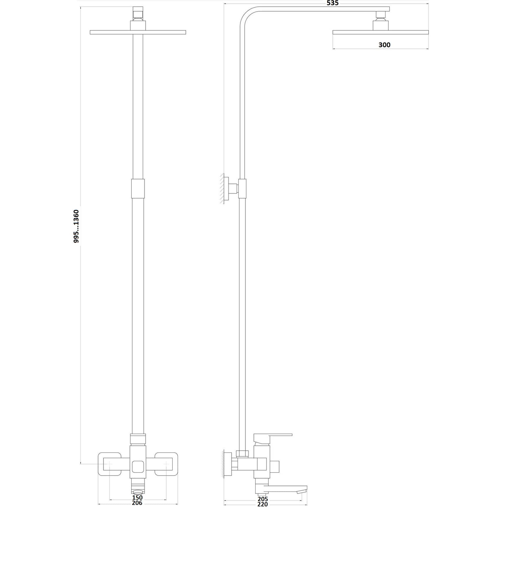 Душова система Globus Lux VAN-DS0026 Milano Лійка.Тропік30*30см нерж з виливом латунь-Штанга H=135см 5