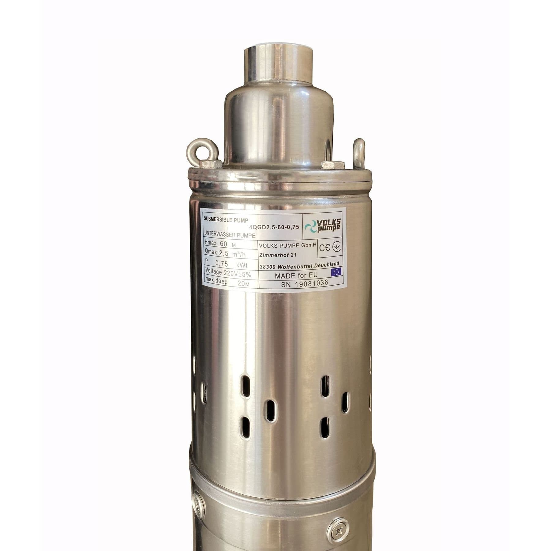 Насос свердловинний шнековий VOLKS pumpe 4QGD 2,5-60-0,75кВт 4 дюйми +кабель 15м 4